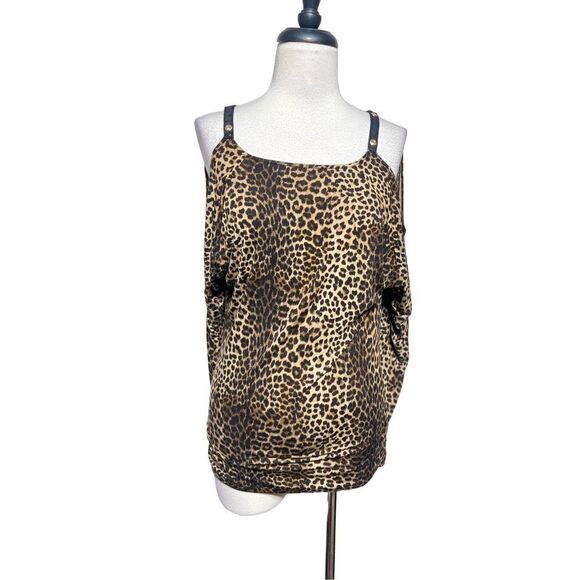 Michael Kors Long Sleeve Leopard Print Cold Shoulder Knit Top Size Small - Picture 1 of 6